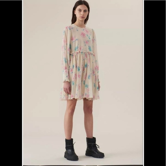 Ganni Long Sleeve Floral Print  Georgette Dress - Picture 1 of 11